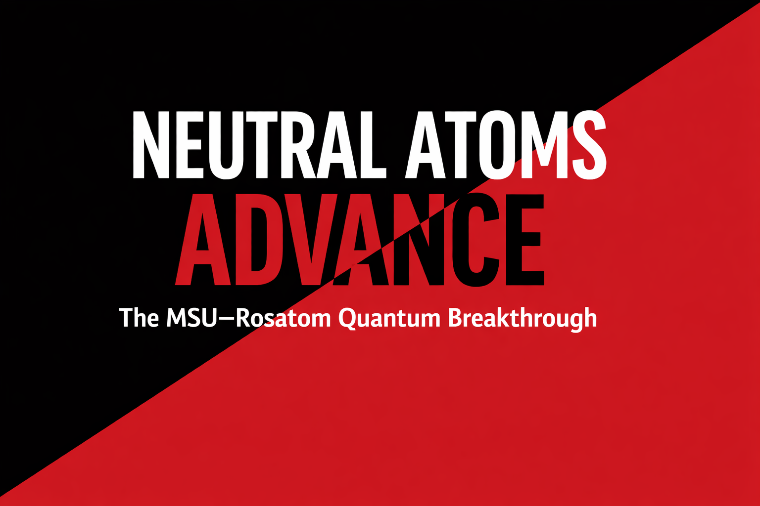 Black and red diagonal title card reading “Neutral Atoms Advance: The MSU–Rosatom Quantum Breakthrough,” representing progress in neutral-atom quantum computing.