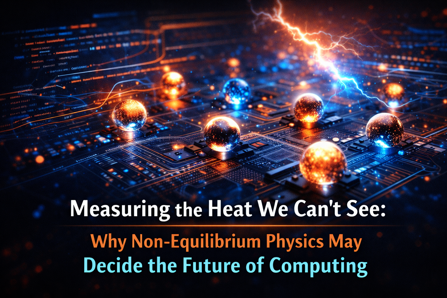 Title card showing glowing quantum dots and heat patterns over a nanoscale circuit board, representing invisible energy dissipation and entropy in non-equilibrium computing systems.