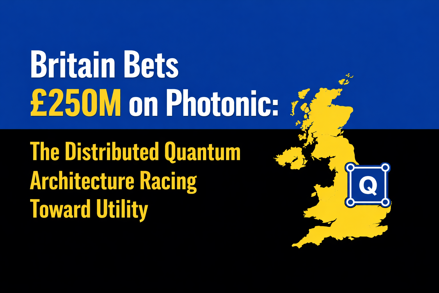 Two-color title card split blue and black reading “Britain Bets £250M on Photonic: The Distributed Quantum Architecture Racing Toward Utility,” with a yellow map of the United Kingdom and a quantum chip icon overlay.