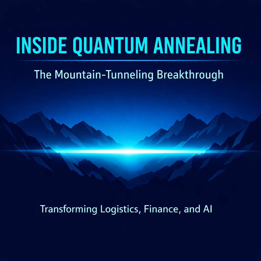Two-color title card showing dark navy mountain silhouettes with a glowing cyan beam tunneling through the landscape, titled “Inside Quantum Annealing: The Mountain-Tunneling Breakthrough Transforming Logistics, Finance, and AI.”