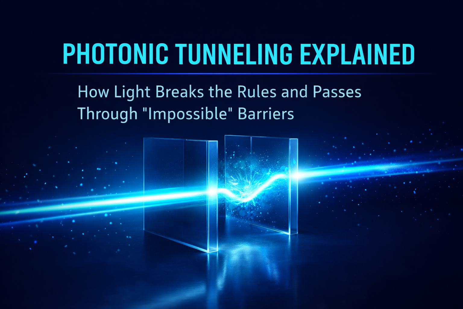 Illustration of a blue light beam tunneling through two transparent glass barriers, representing photonic tunneling and frustrated total internal reflection in quantum optics.