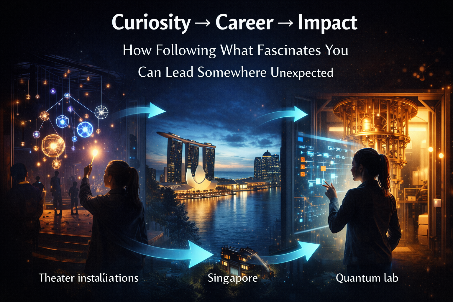 Illustration showing a woman’s career journey from interactive theater installations to Singapore to a quantum computing lab, symbolizing curiosity leading to impact.