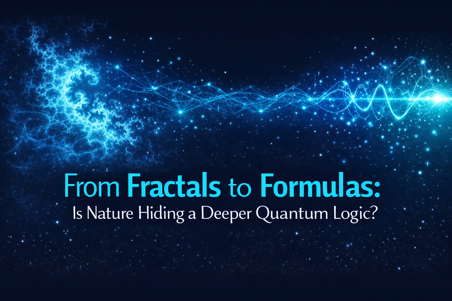 Two-tone cyan and electric blue title card reading “From Fractals to Formulas: Is Nature Hiding a Deeper Quantum Logic?” over a dark blue background with glowing fractal patterns and quantum waveforms.