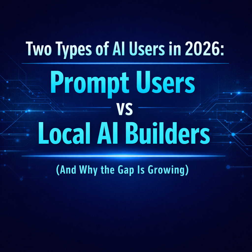 Futuristic blue title card reading “Two Types of AI Users in 2026: Prompt Users vs Local AI Builders (And Why the Gap Is Growing)” with neon circuit accents on a dark navy background.