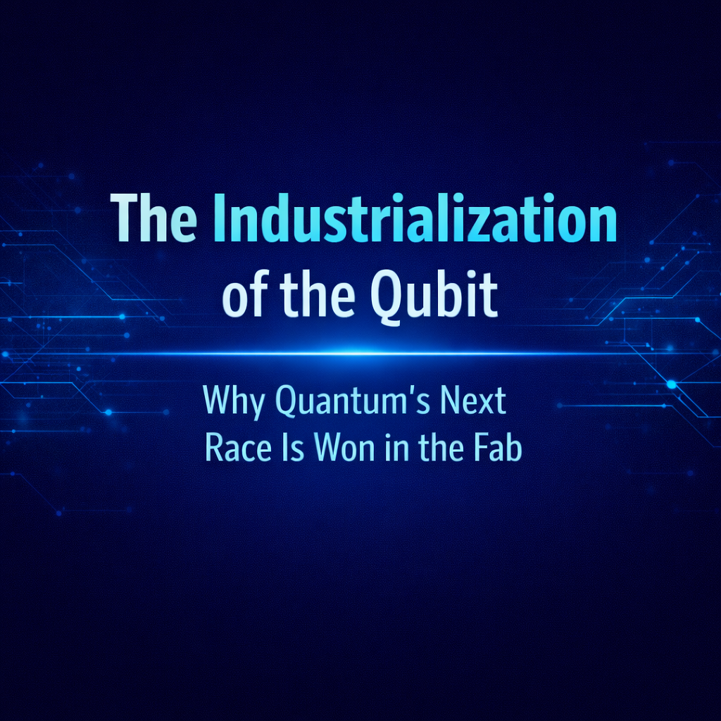 Futuristic blue title card reading “The Industrialization of the Qubit: Why Quantum’s Next Race Is Won in the Fab” with glowing circuit lines on a dark navy background.