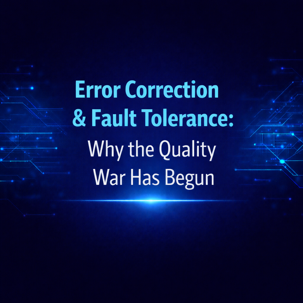 Two-tone futuristic title card reading “Error Correction & Fault Tolerance: Why the Quality War Has Begun” with glowing electric-blue circuit lines on a dark navy background.