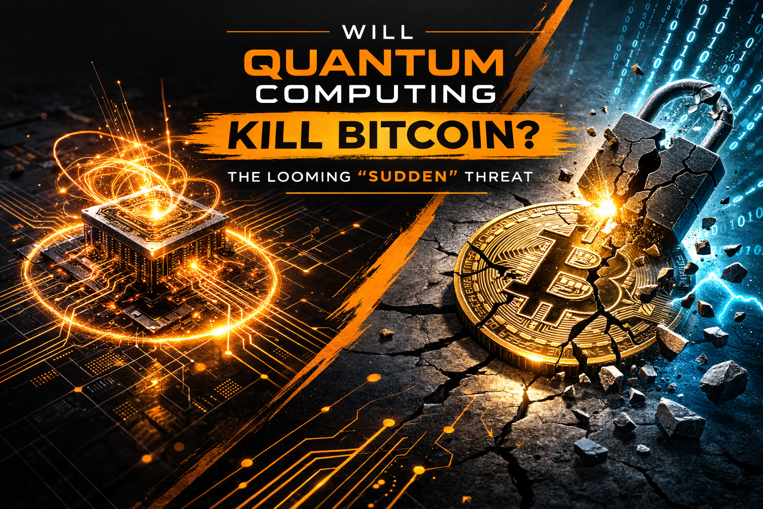 Two-tone tech graphic showing a shattered Bitcoin coin on one side and a glowing quantum processor on the other, illustrating the potential threat of quantum computing to cryptocurrency security.