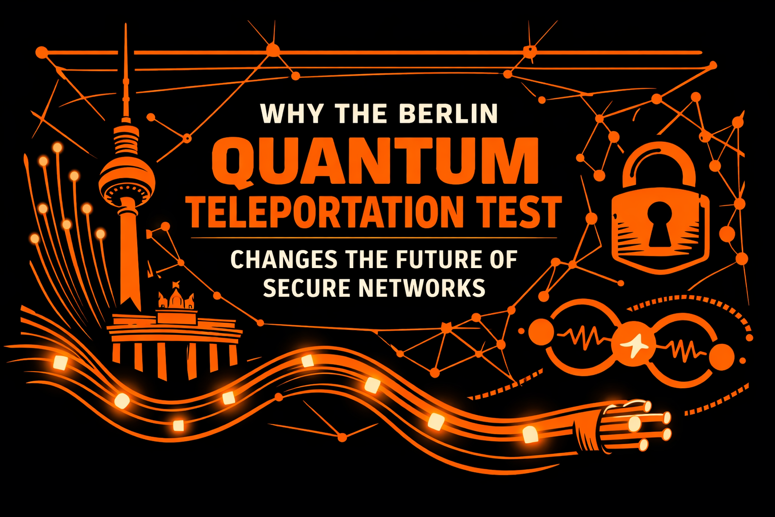 Two-color black and orange title card showing Berlin landmarks, fiber optic lines, a padlock, and entangled photon graphics with the headline about the Berlin quantum teleportation test and secure networks.