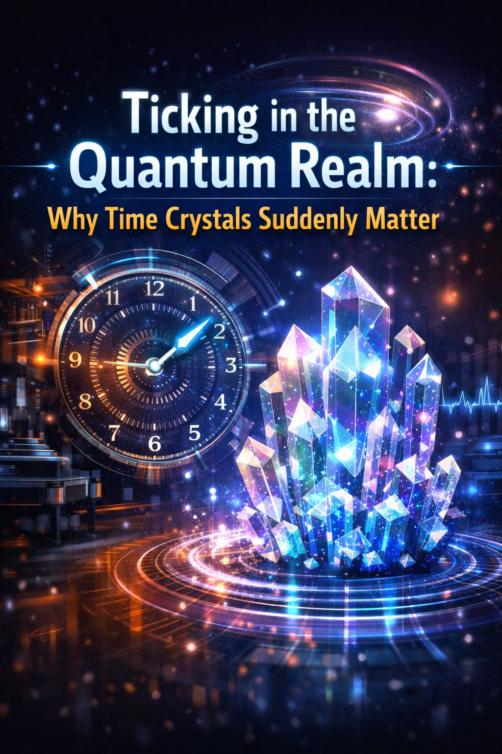 Futuristic illustration of a glowing time crystal beside a quantum clock, symbolizing periodic motion in quantum systems.
