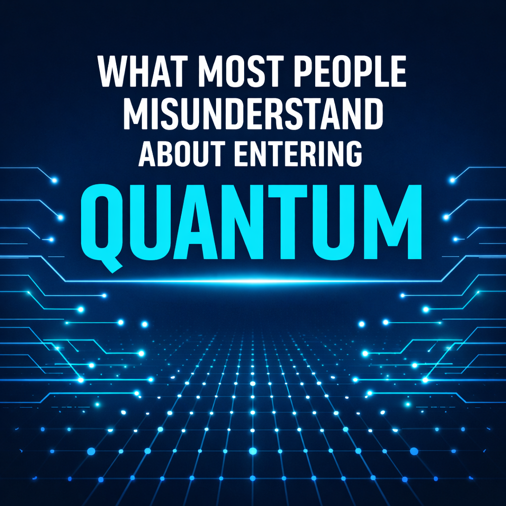 Two-tone blue and cyan title card reading “What Most People Misunderstand About Entering Quantum” over a futuristic digital grid and circuit background.