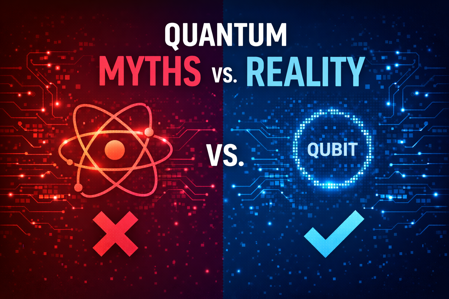 Two-color split graphic showing “Quantum Myths vs Reality” with a red myth side featuring an atomic symbol and a blue reality side highlighting a qubit with a checkmark.