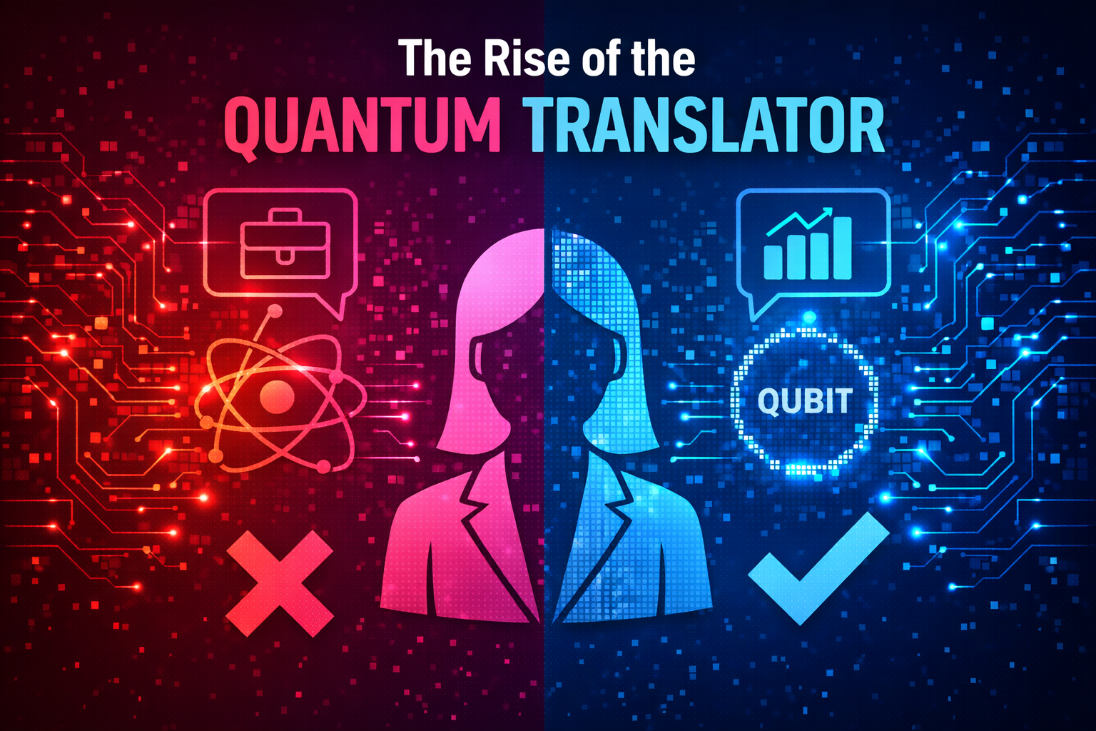 Two-tone graphic titled “The Rise of the Quantum Translator” showing a central figure bridging business and quantum technology with circuit patterns on both sides.