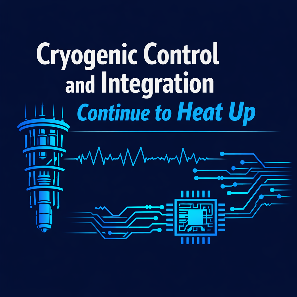 Two-color title card reading “Cryogenic Control and Integration Continue to Heat Up,” featuring a stylized dilution refrigerator on the left, a quantum chip on the right, and connecting signal lines on a dark navy background.