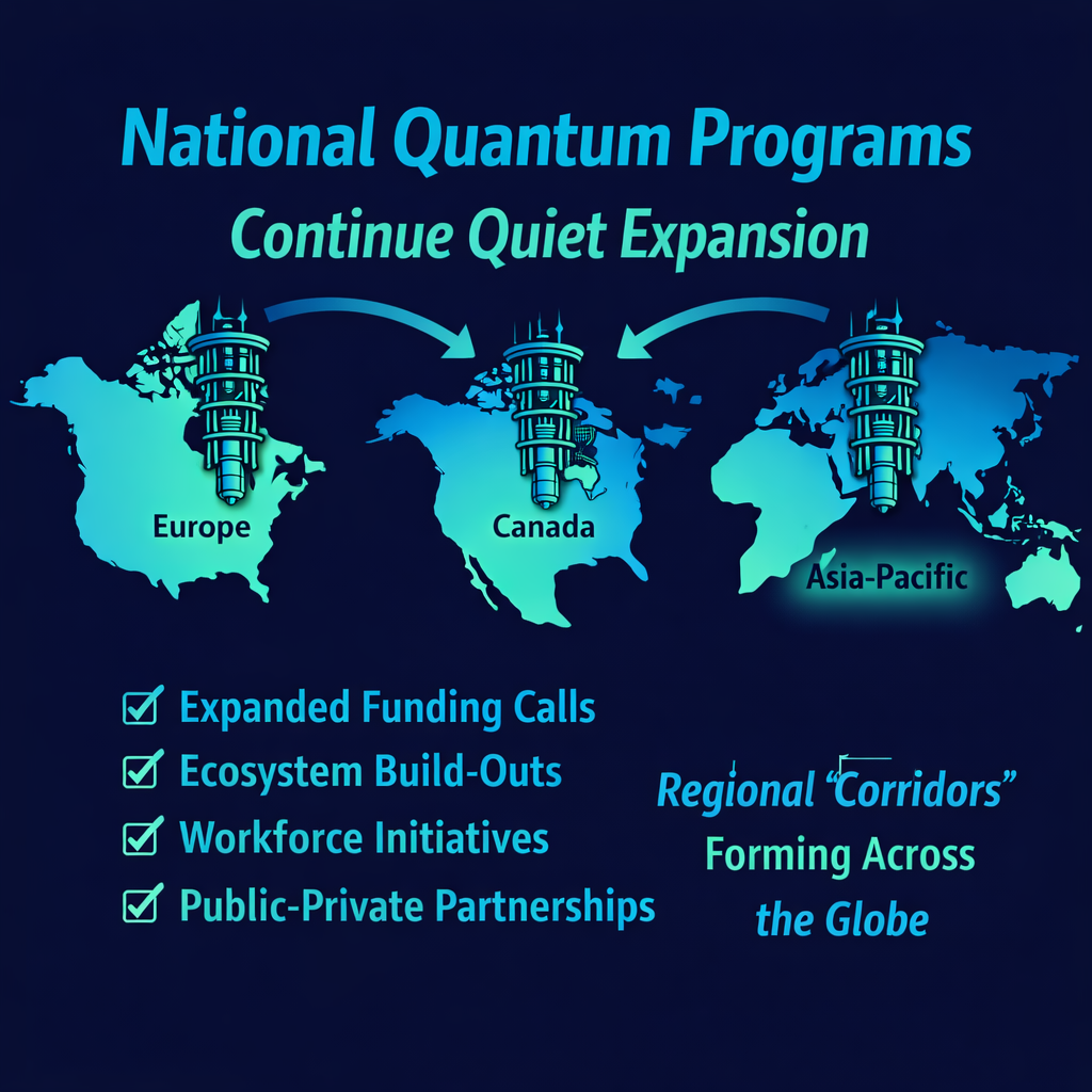 Two-color title card reading “National Quantum Programs Continue Quiet Expansion,” featuring world maps labeled Europe, Canada, and Asia-Pacific connected by arrows and marked with dilution refrigerator icons.