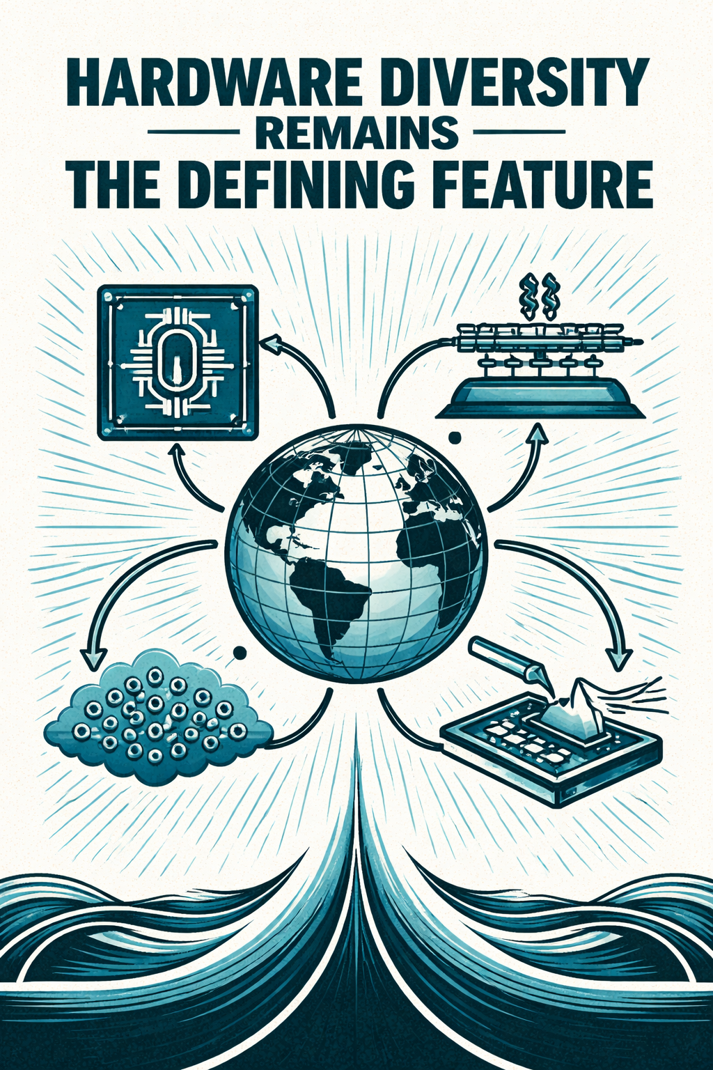 Two-color teal and black graphic showing multiple quantum hardware types connected around a central globe under the title “Hardware Diversity Remains the Defining Feature.”