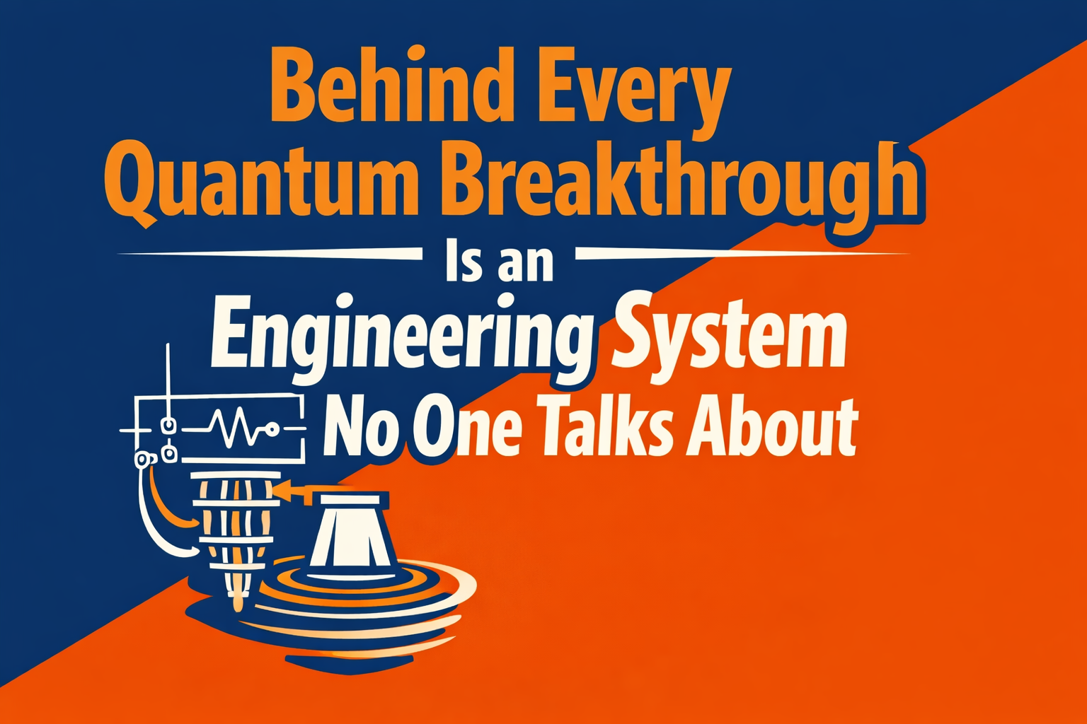 Two-color title card reading “Behind Every Quantum Breakthrough Is an Engineering System No One Talks About,” with illustrated quantum hardware, circuitry, and cooling system components on a blue and orange background.