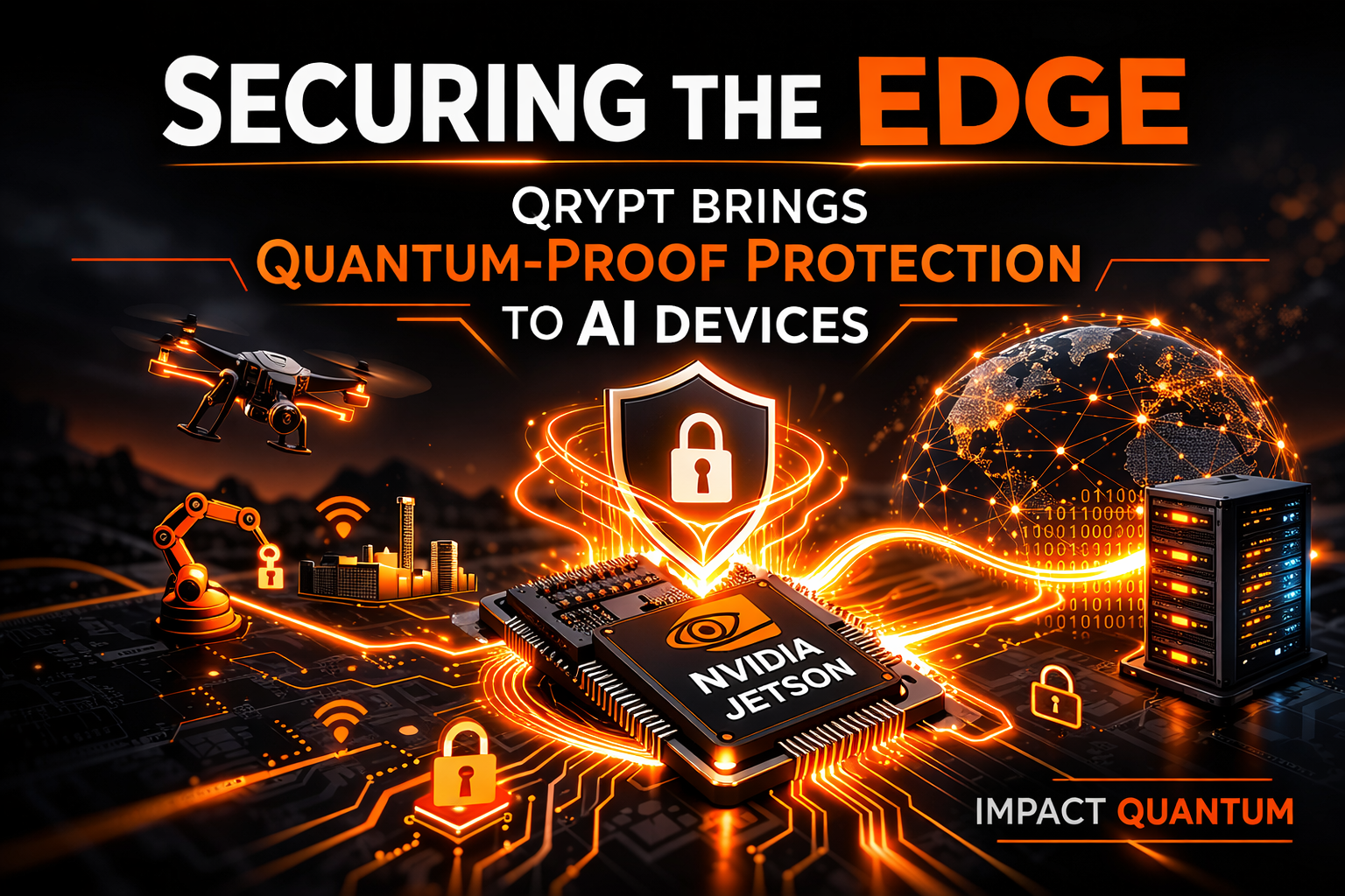 Futuristic black-and-orange graphic titled “Securing the Edge,” showing an NVIDIA Jetson AI chip protected by a glowing shield with connected drones, robots, and network nodes representing quantum-secure protection for edge AI devices.