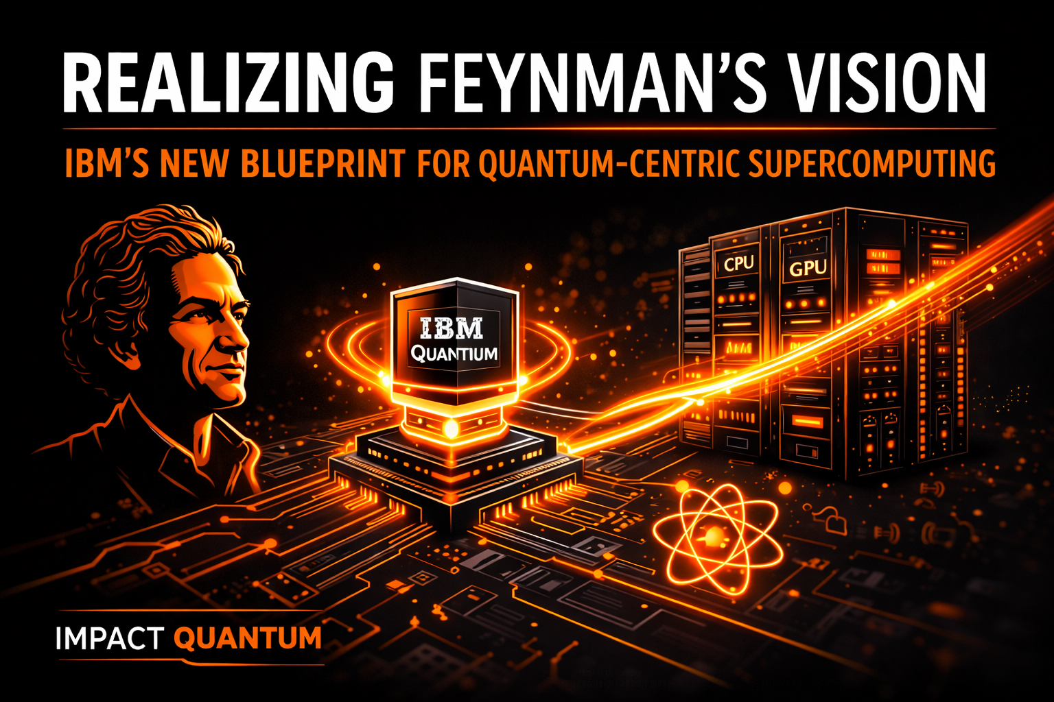 Black and electric-blue title card reading “Realizing Feynman’s Vision,” showing a quantum processor connected to a classical supercomputer through glowing data links, representing IBM’s quantum-centric supercomputing architecture.