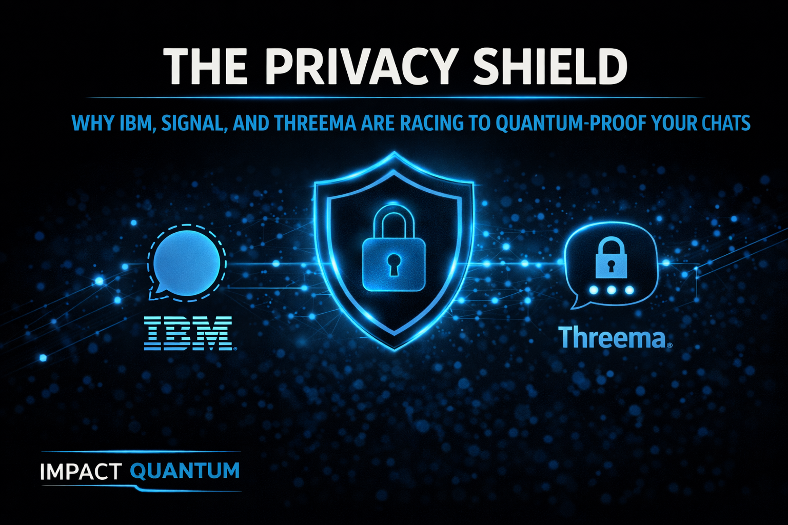 Black-and-electric-blue title card reading “The Privacy Shield,” showing a glowing security shield with a lock at the center connected to messaging icons and network lines, representing quantum-safe encryption for digital communications.
