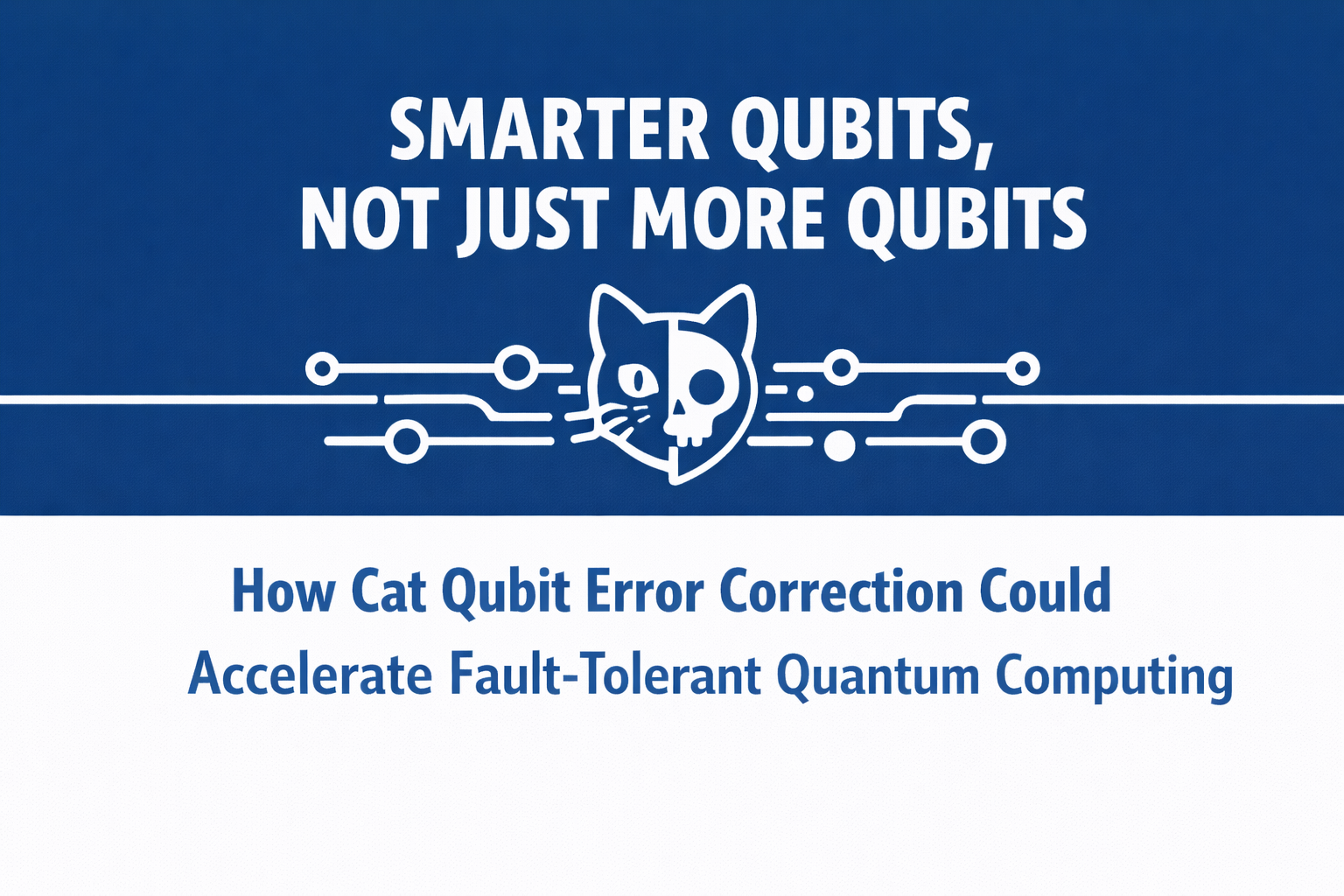 Two-color blue and white title card reading “Smarter Qubits, Not Just More Qubits” with a stylized half-cat, half-skull icon connected to circuit lines, symbolizing cat qubits and quantum computing hardware innovation.