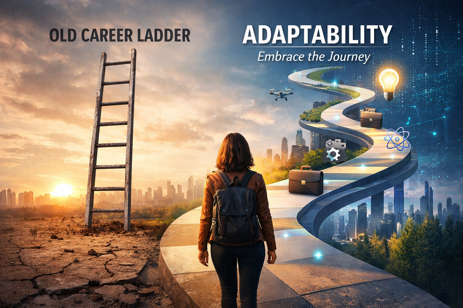 A split-scene image showing two career paths: on the left, a dry, cracked landscape with a lone ladder labeled “Old Career Ladder,” and on the right, a bright, winding futuristic path labeled “Adaptability.” A woman with a backpack stands at the intersection, facing the evolving path filled with symbols of technology, innovation, and growth.