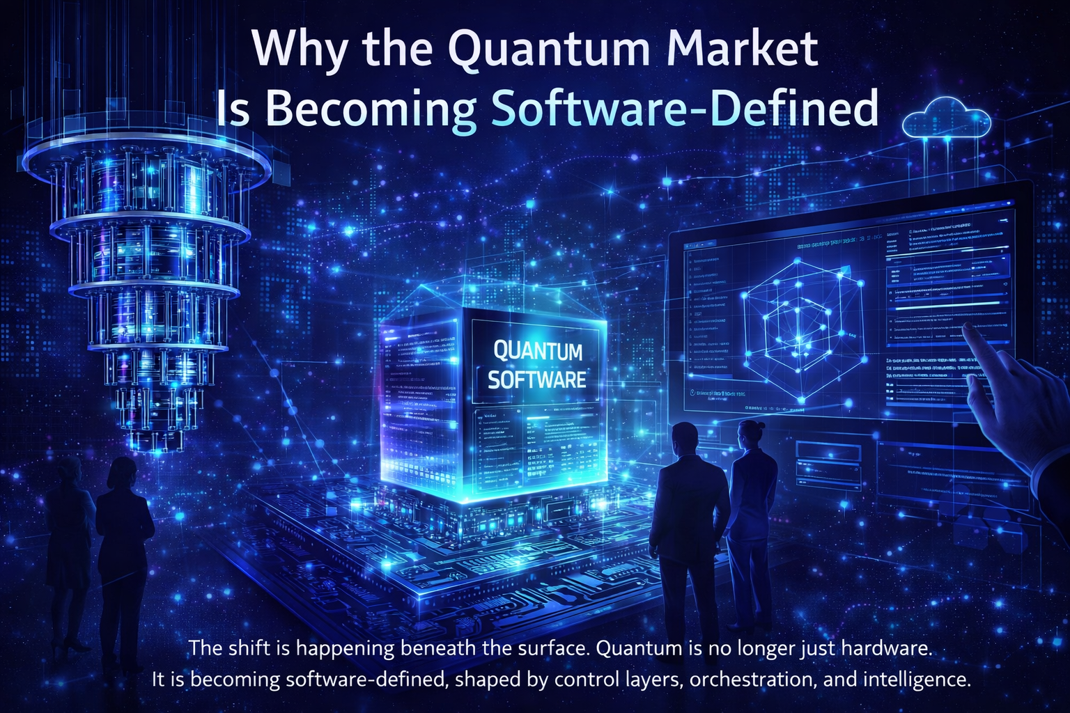 Futuristic quantum computing system with a glowing processor and central “quantum software” interface, surrounded by data visualizations and engineers analyzing digital controls.