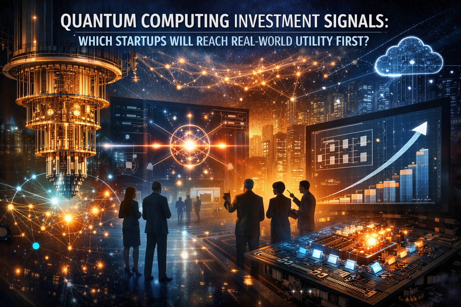 Futuristic quantum computing scene with a glowing quantum processor, data visualizations, and professionals analyzing charts against a connected cityscape.