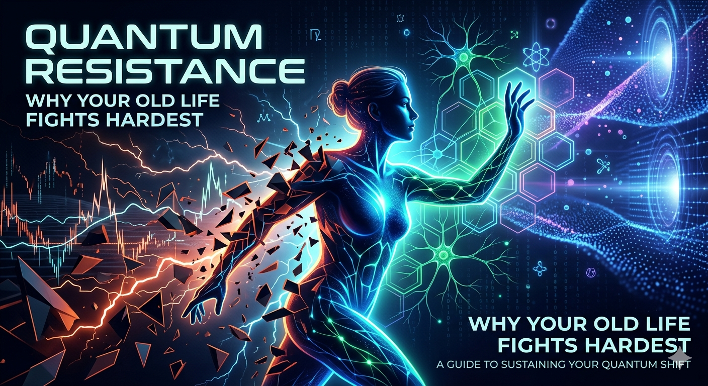 A dynamic futuristic blog banner illustrating Quantum Resistance and personal transformation. A human silhouette made of cyan, blue, and emerald neon light walks forward, looking to the right. The left side of the figure and background explode into chaotic dark, orange, and red shattered geometric shards and volatile lightning bolts. The right side of the figure integrates into a bright, structured grid of peaceful blue and green neon hexagonal quantum lattices and stable neural pathways, leading to a radiant light portal. Title text in neon reads: "QUANTUM RESISTANCE," followed by "WHY YOUR OLD LIFE FIGHTS HARDEST" and a smaller subtitle, "A GUIDE TO SUSTAINING YOUR QUANTUM SHIFT."