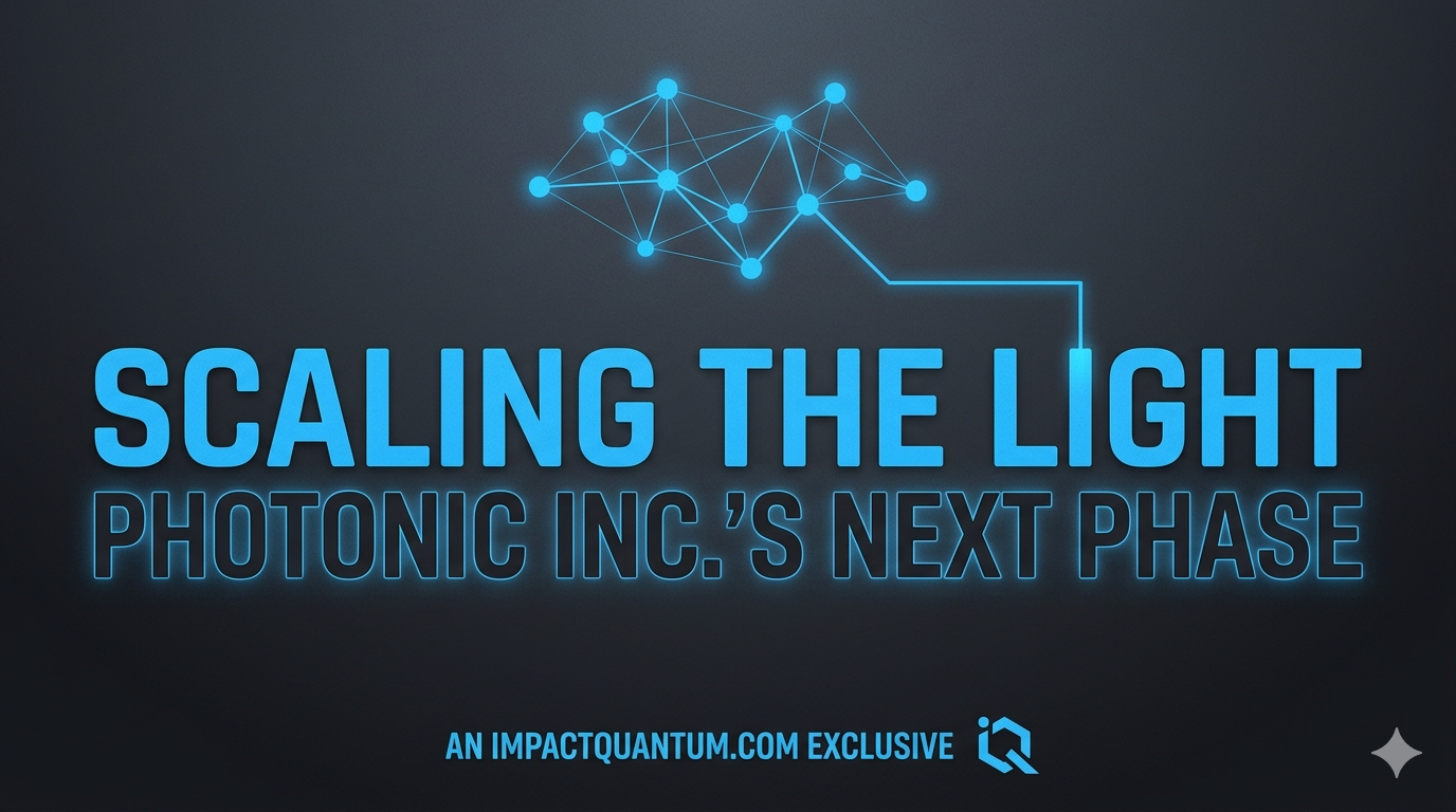 Title card for an article titled "Scaling the Light: Photonic Inc.’s Next Phase." The image features a dark gray background with electric blue text and a glowing blue geometric node graphic representing a quantum network. An "ImpactQuantum.com Exclusive" credit and logo are at the bottom.