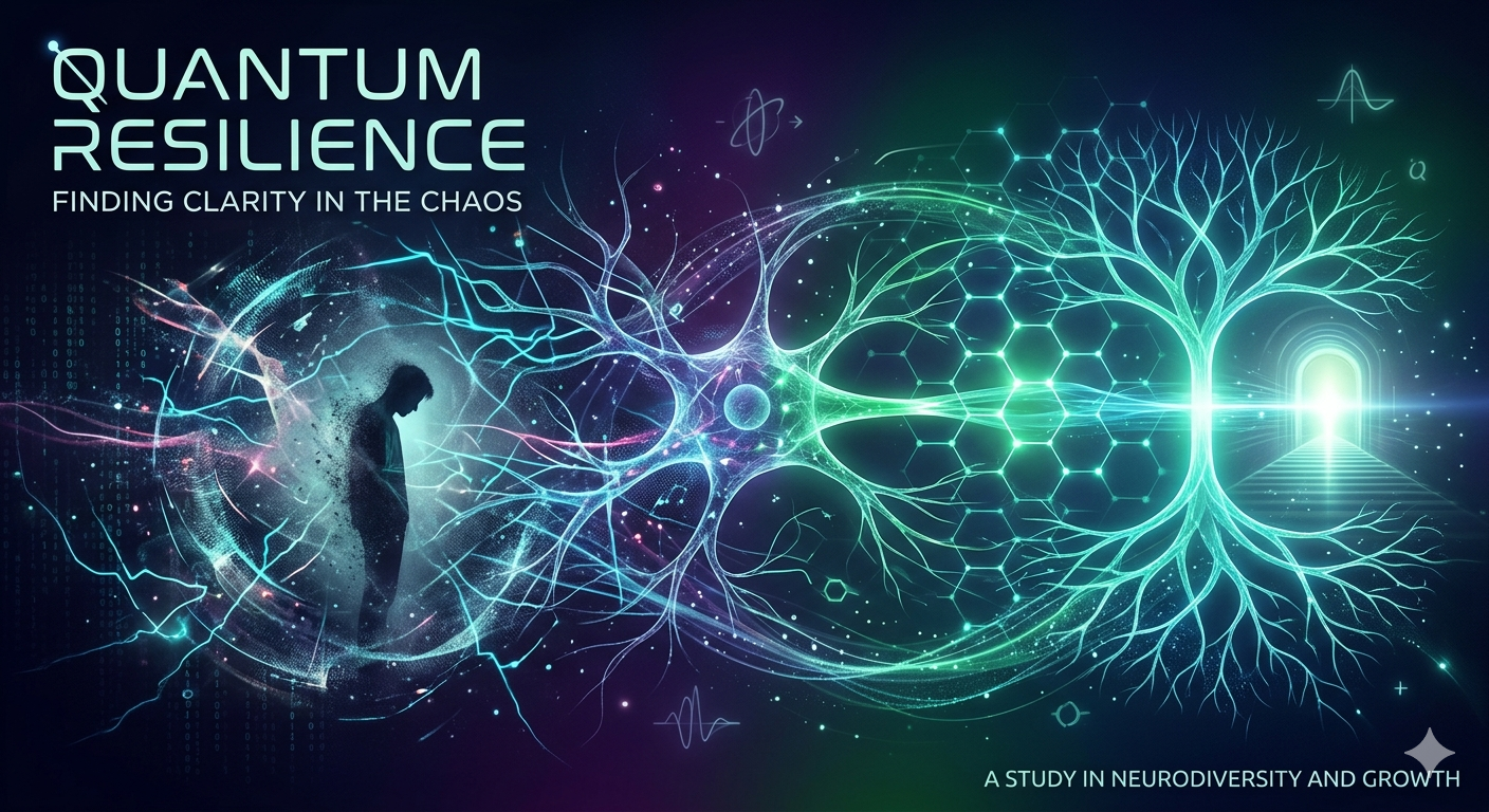 A vertical graphic illustrating how Quantum Computing and AI solve hard global problems. It uses a clean, tech-inspired design with green and cyan neon lighting on a dark background. Key sections include a timeline flow, icons for topics like Protein Simulation, Nature’s Blueprint, and Quantum Energy Teleportation, and bottom podcast links with a QR code.