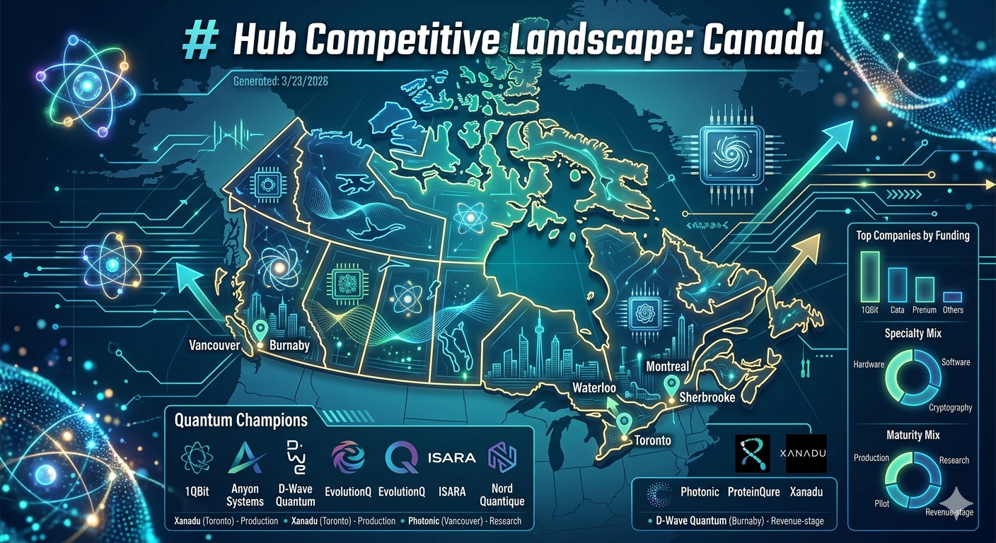 A high-tech digital infographic titled "Hub Competitive Landscape: Canada" featuring a glowing blue and gold map of Canada with major quantum computing hubs highlighted, including Vancouver, Burnaby, Waterloo, Toronto, Montreal, and Sherbrooke. The graphic includes logos for "Quantum Champions" like Xanadu, D-Wave, and Photonic, alongside data charts for specialty mix and maturity stages.