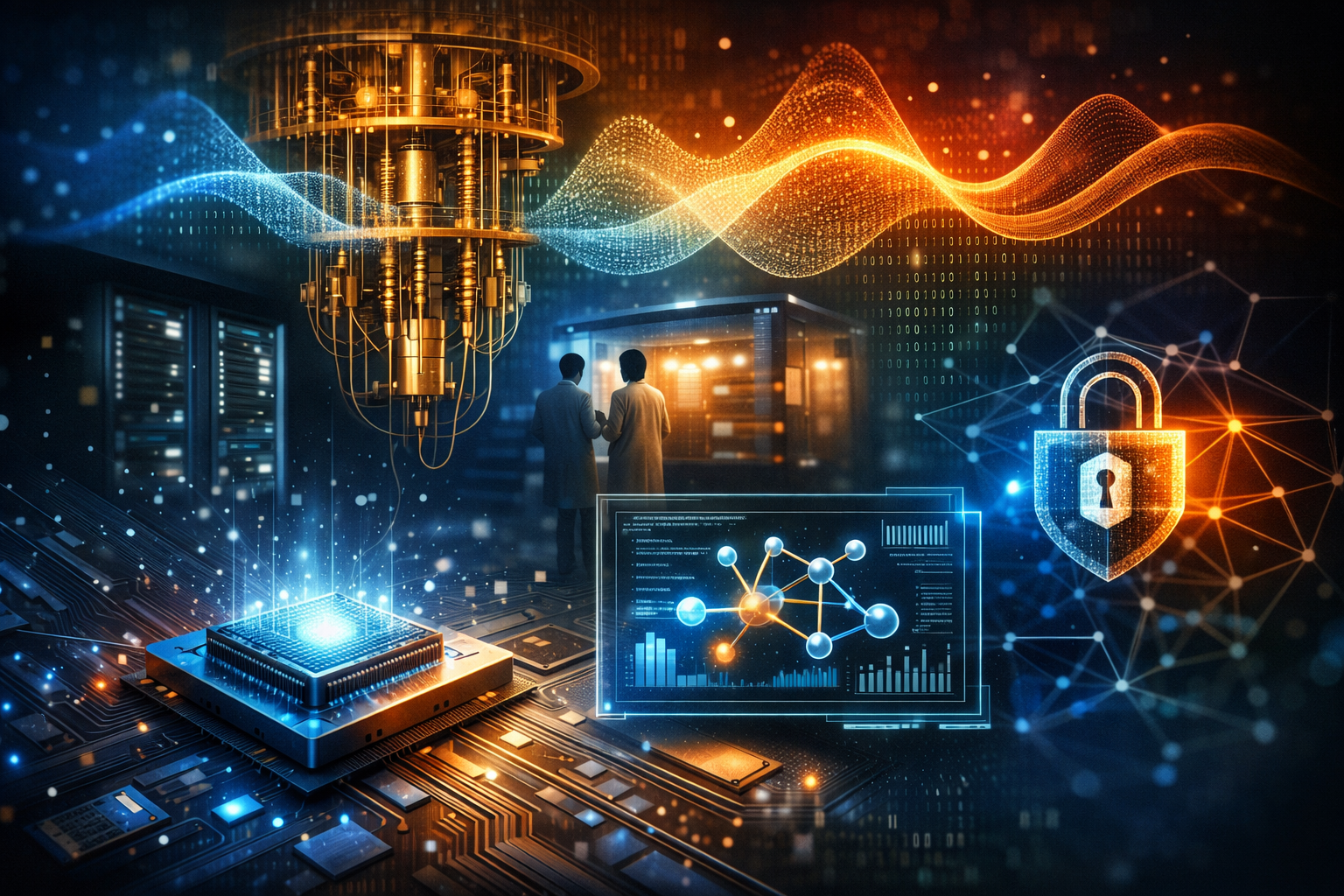 Layered visualization of quantum computing showing a quantum processor, control systems, classical servers, and a security lock representing post-quantum cryptography.